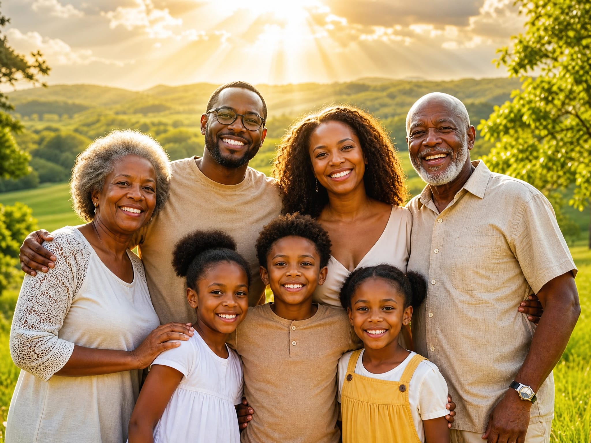Three generations of a joyful family in golden sunlight — heirs of the promise